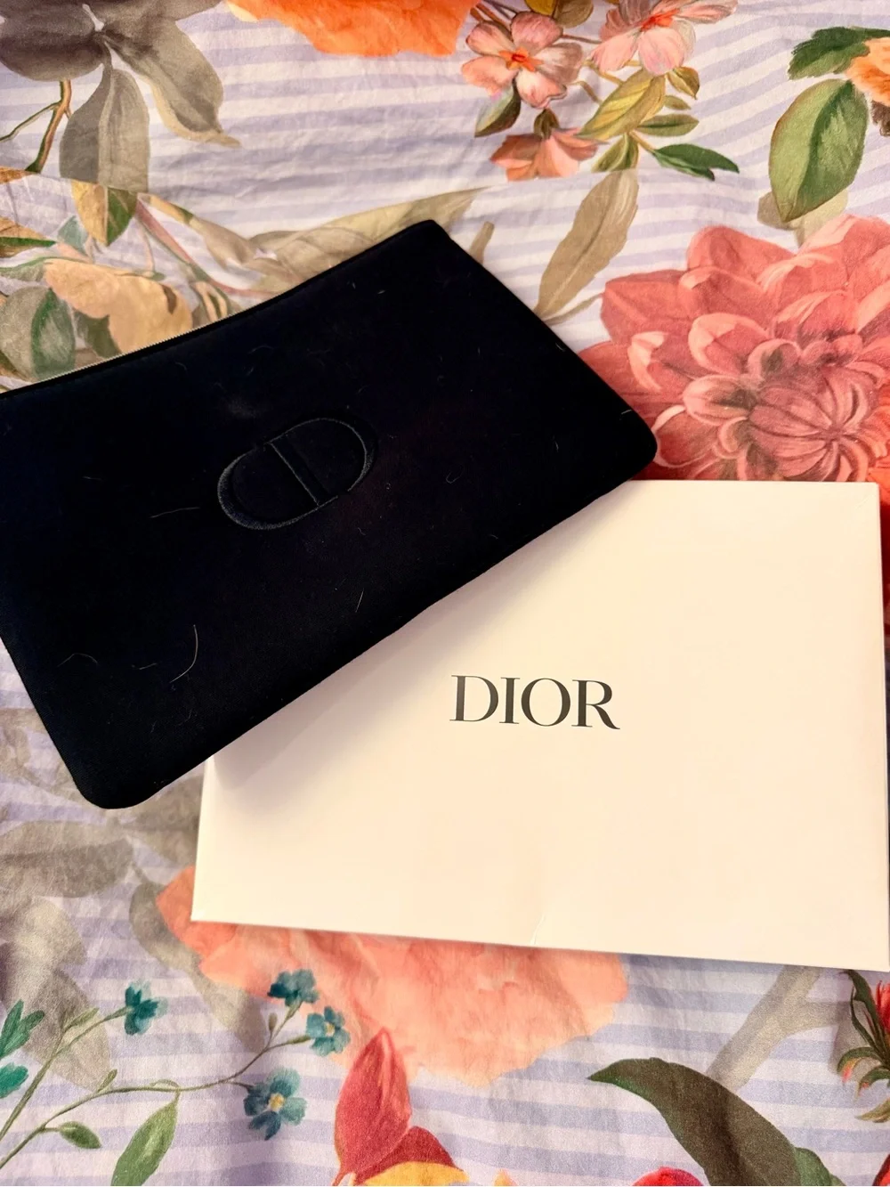 NWT Dior Black Velvet Zip Pouch Embroidered CD and Original Box